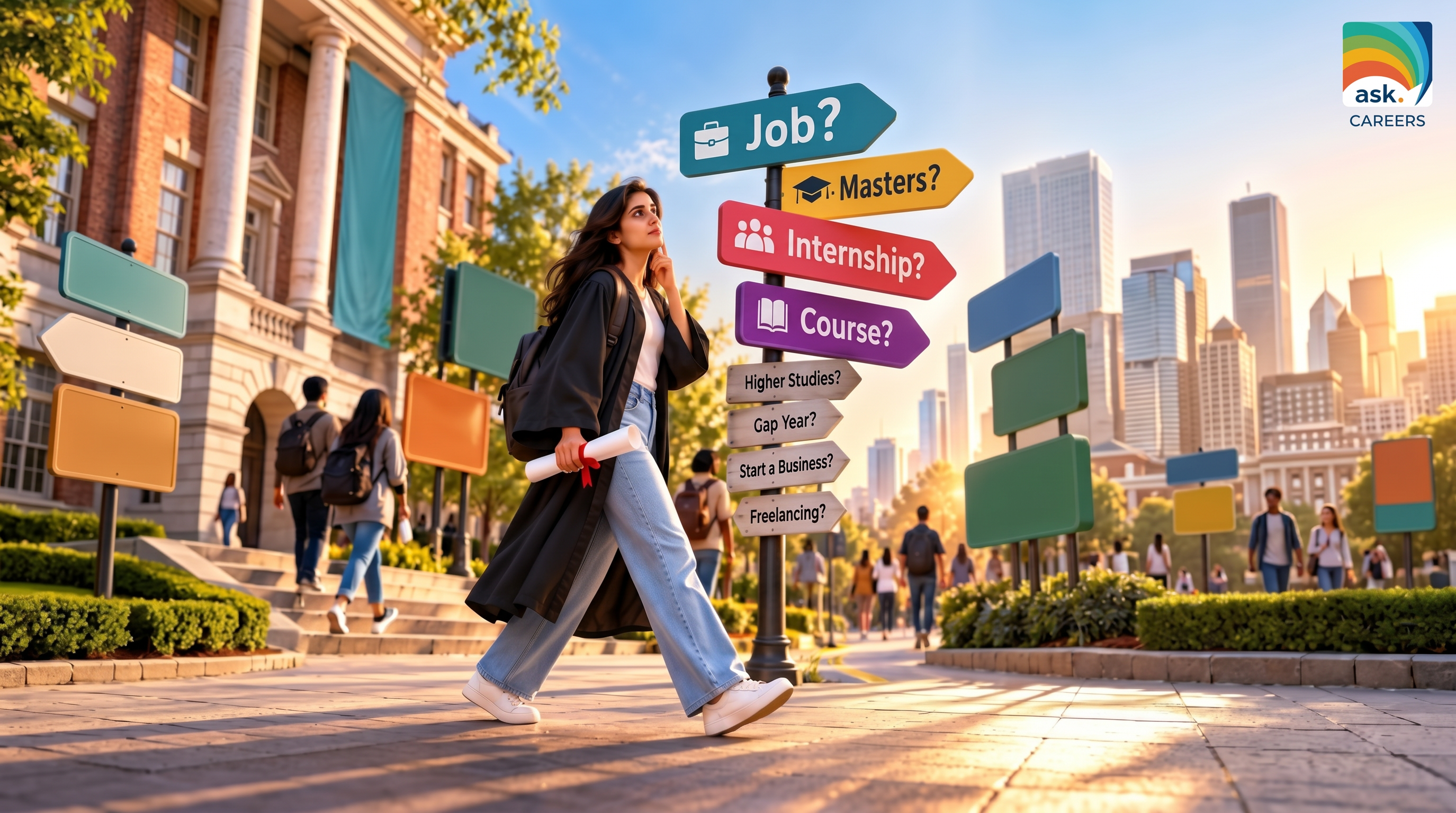 A graduate walks past a signpost pointing to Job, Masters, Internship, Course, Higher Studies, Gap Year, Start a Business and Freelancing.
