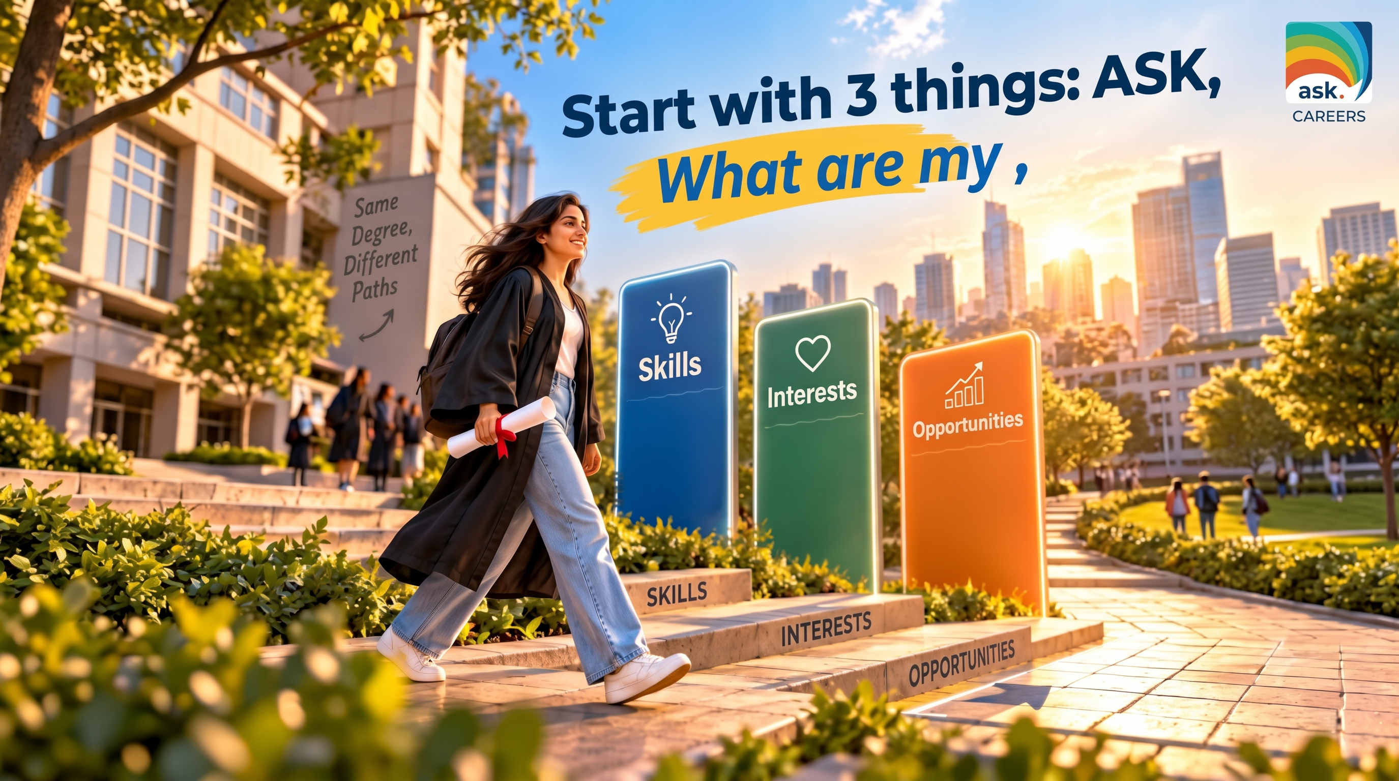 Start with 3 things: ASK, what are my skills, interests and opportunities?
