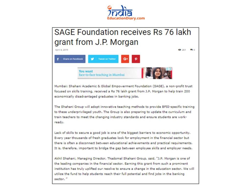 JP Morgan grants Rs.76 Lakhs to SAGE Foundation for Training 200 Graduates