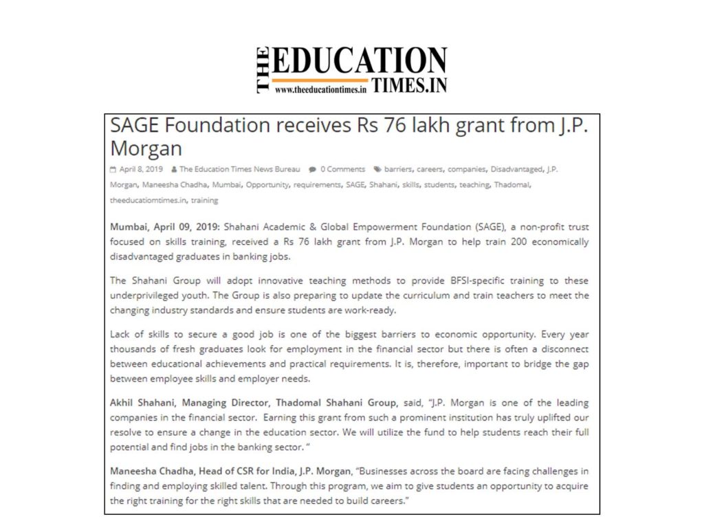 SAGE Foundation receives Rs 76 lakh grant from J.P. Morgan