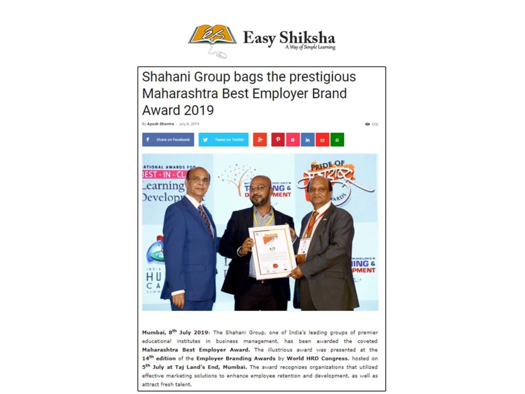 Shahani Group receives Maharashtra Best Employer Brand Award 2019