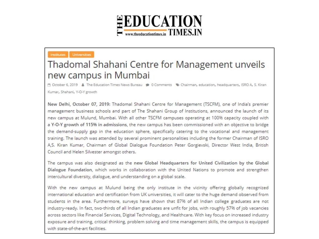 TSCFM, one of India's premier management business schools announced the launch of its new campus at Mulund, Mumbai