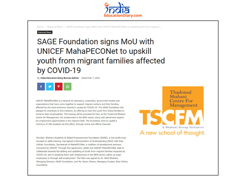 SAGE Foundation signs MoU with UNICEF MahaPECONet to upskill youth from migrant families affected by COVID-19